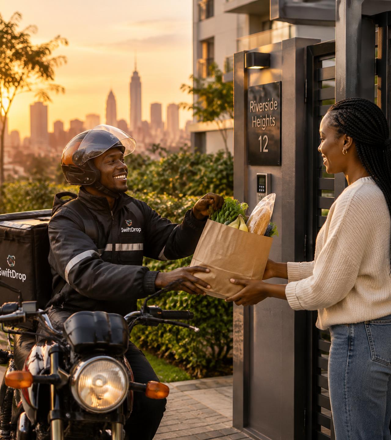 Mpaka Kejani rider handing groceries to a customer at her gate